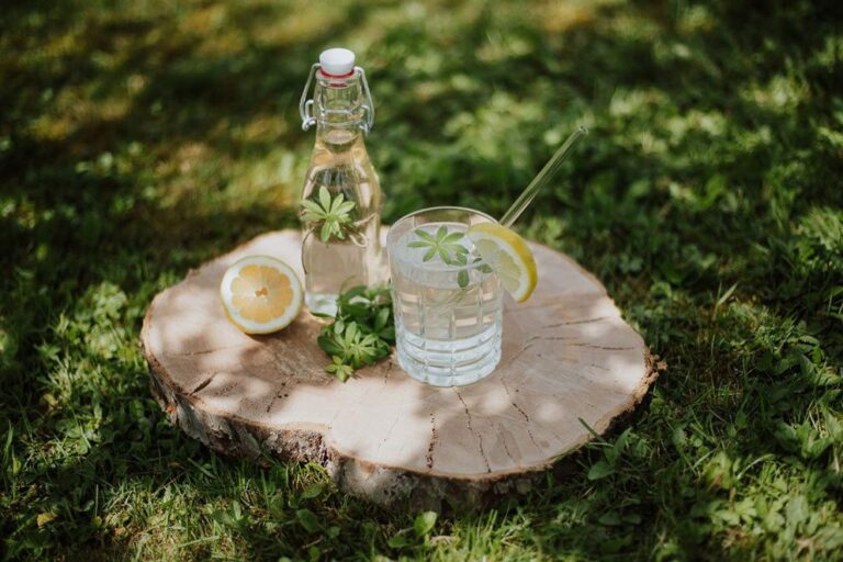 Een glas en een fles met zelfgemaakte siroop staan in een weiland op een boomschijf